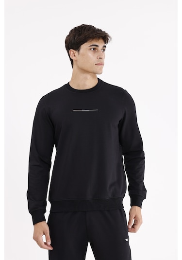 Rowinger Minimal Göğüs İşlemeli Rahat Kalıp Esnek Manşetli Mevsimlik Bisiklet Yaka Sweatshirt Black