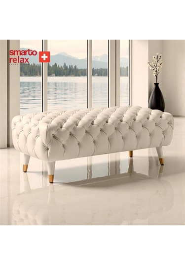Smarto Relax Puf Adelboden Ahşap Ayaklı Kapitoneli 110x45x40 Cm Ekru Ekru