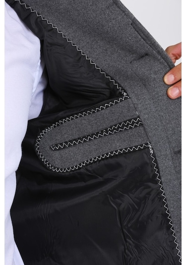 Erkek Gri Dar Kesim Yün Karışımlı Kaşe Gömlek Yaka Palto-Gri