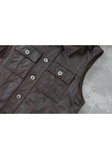 Kapüşonlu Hakiki Deri Yelek Acı Kahve