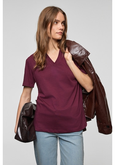 Grımelange Alıne Kadın %100 Organik Pamuk Derin V Yakalı Comfort Fit Bordo T-shirt Bordo