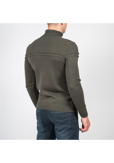 Erkek Tam Boğazlı Örgü Desenli Slim Fit Kazak Ncs Jeans 3659-Haki