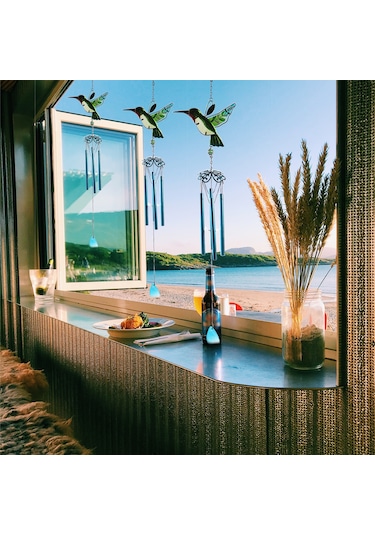 Geeroyoo Mavi Balık Kuşu Desenli Metal Ve Cam Çalgılı Rüzgar Çanları - Ev Bahçe Dekorasyonu, Stres Azaltıcı Ses, Hediye Özel