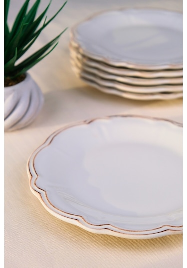 Tabak Evi Porselen Antik Stoneware Pasta Tabağı 20,50cm 6 Kişilik 6 Parça Ekru