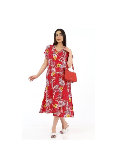Schık Kadın Viskon Yarım Kol V Yaka Halkalı Cepli Elbise Kırmızı Kırmızı