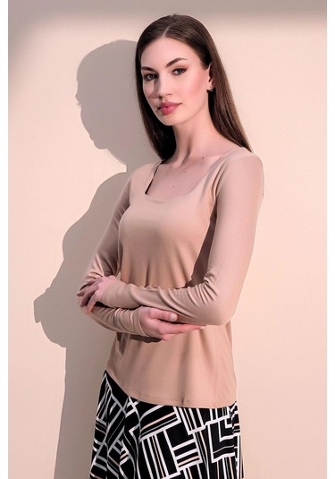 WeShaya Kadın Bej Günlük Stil Basic Kare Yaka Uzun Kol Bluz Bej