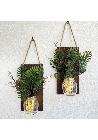 Led Işıklı, Mastana Bitki Çiçekli Duvar Dekoru Ceviz İkili Set Ceviz