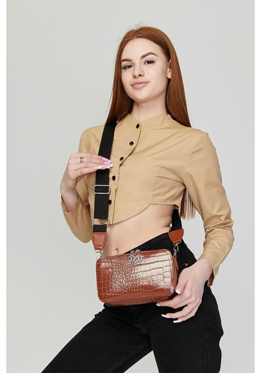 Morpelikan Taba Kroko İki Bölmeli Kadın Omuz Çantası Taba