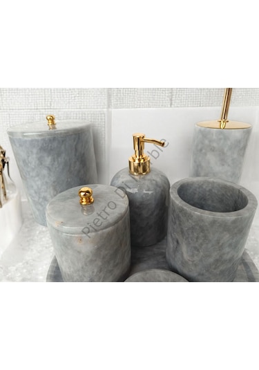 Gri Mermer Klasik Model 7 Parça Gold Renk Düğme Aksesuarlı Banyo Seti Gri