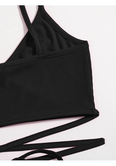 V Yaka Askılı İpli Siyah Renk Fitilli Super Crop Top Büstiyer Siyah
