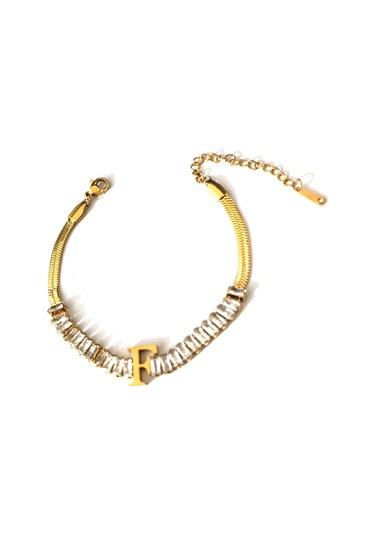 kadın italyan zincirli baget kesim altın renk çelik f harf bilekl