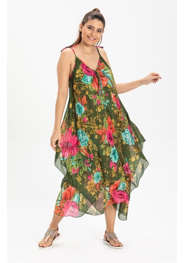 Askılı Vual Afrodit Midi Boy Elbise Yesil 6136 Yeşil