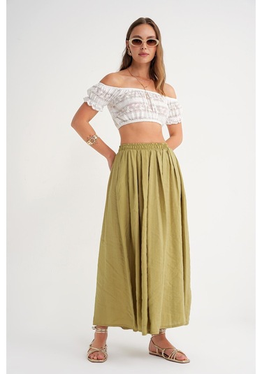 4612 Kadın Yandan Cepli Pileli Bol Etek Olive Olive