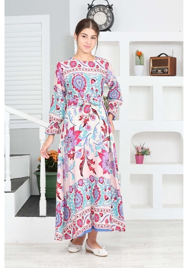 Kız Çocuk Viskon Kumaş Desenli Uzun Elbise Mavi