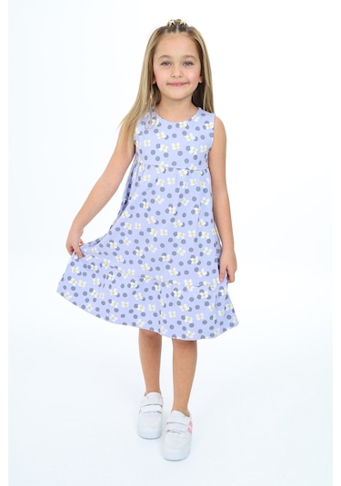 Toontoy Kız Çocuk Baskılı Elbise Mavi