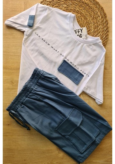 2'li Erkek Çocuk Beyaz Tişört Mavi Şortlu Takım-1364 Beyaz