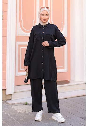 Cep Detaylı Tesettür Siyah Takım Siyah