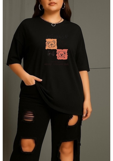Benroma Büyük Beden Aef Ayıcık Baskılı Unisex Tişört Çok Renkli