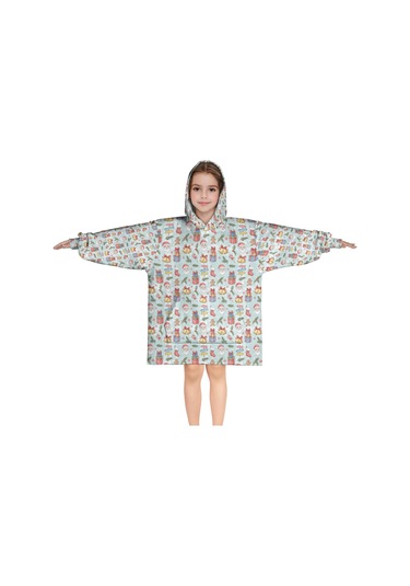 Noel Temalı 6-13 Yaş Çocuk Giyilebilir Battaniye Hoodie, Kalın Peluş, Büyük Boy-a80 Krem - Pembe