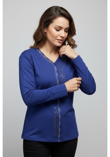 Kadın Önü Kapalı Düğme Detaylı Taşlı Nergis Mevsimlik Bluz Mavi