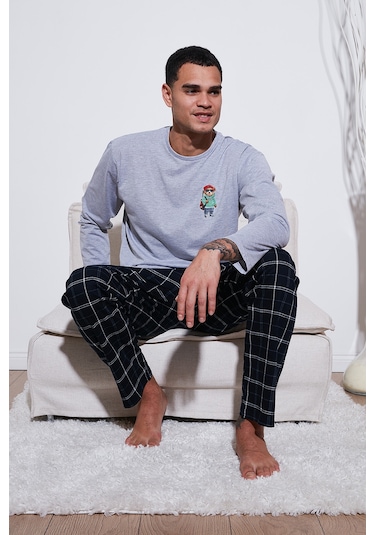 Buratti Ekoseli Regular Fit Yüksek Bel Cepli Bisiklet Yaka Erkek Pijama Takımı 6574002 Gri