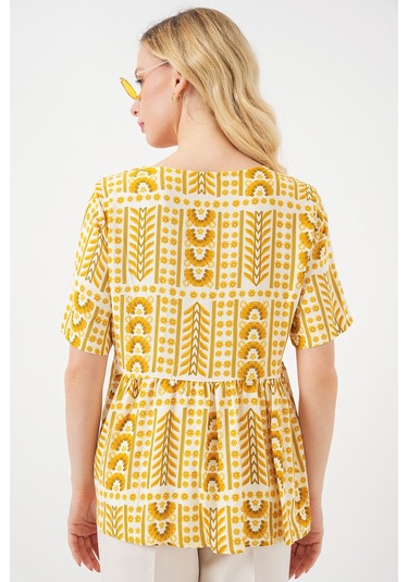 Kadın Desenli Kısa Kol Bluz 969 - Sarı Sari