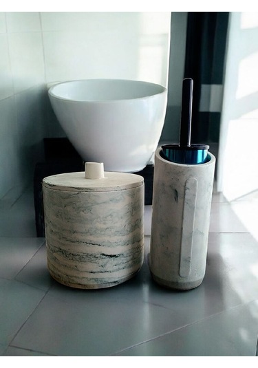 Mermer Desen Yeşil Renk Beton Çöp Kovası Ve Fırçalık Gri