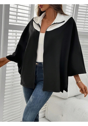 Kadın Panço Fermuarlı Sweat Oversize Kesim, 3 İplik Şardonlu Kumaş Siyah