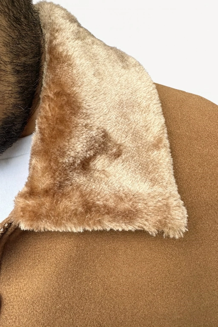 Erkek Kaşe Mont Kürklü Yaka Astarlı Fermuarlı Kışlık Ceket Plus Scorpion Açık Bej