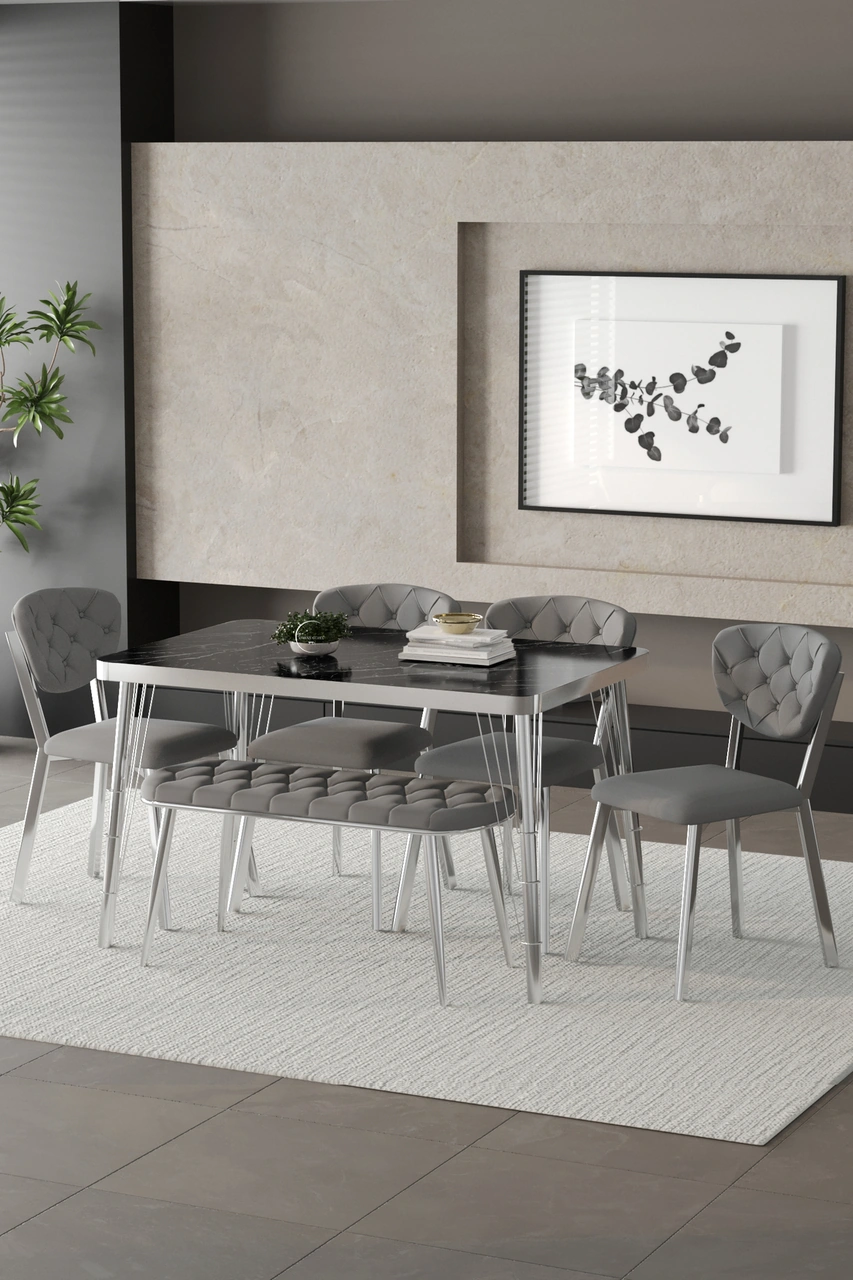 Mutfak Masası Takımı Elma Serisi Benchli Gümüş Gri