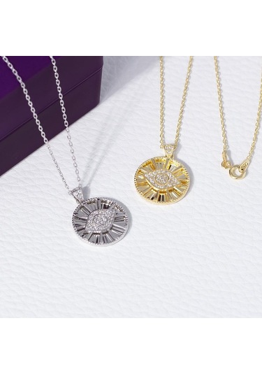 Göz-güneş Model Gold Rengi Zirkon Taşlı 925 Ayar Gümüş Kadın Kolye