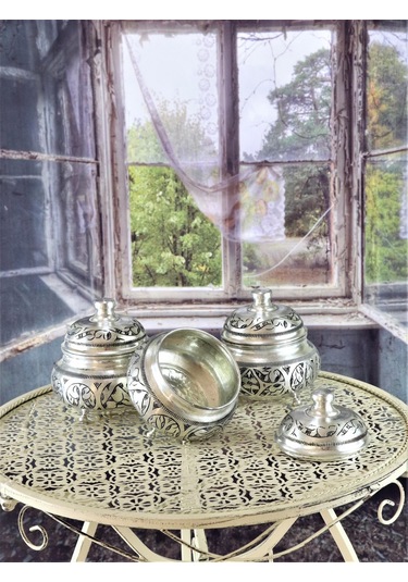 Üçlü Kalaylı Kazılmış Bakır Baharatlık Bakır