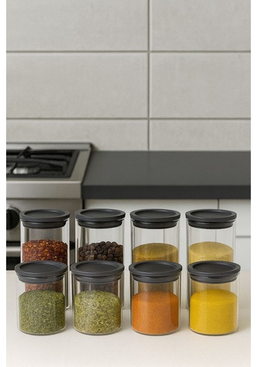 8 Lı Baharatlık Setı 70 X 100-70 X 160 Plastık Kapak-borosilikat Cam-cam Baharatlık 300 Ml+500 Ml Şeffaf - Beyaz