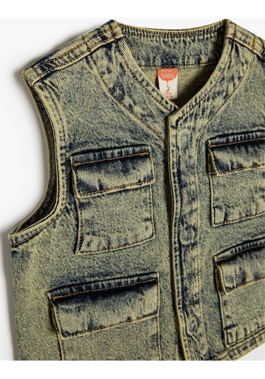 Koton Biker Kot Yelek Kolsuz Kapaklı Cepli Orta İndigo 4smb60005td