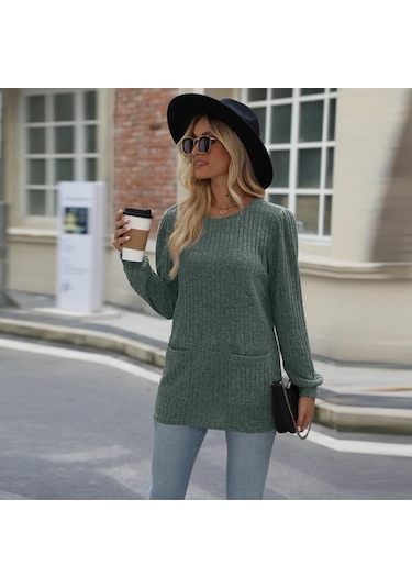 Novahub Kadın Mavi Bol Kabarcık Tişört, Rahat Kollu Üst, Sonbahar Kış Moda Mavi