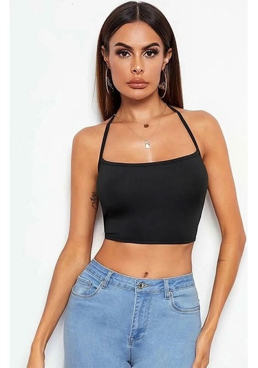 Asil İp Askılı Sırt Dekolteli Kadın Büstiyer Siyah Scuba Kumaş Crop L Siyah