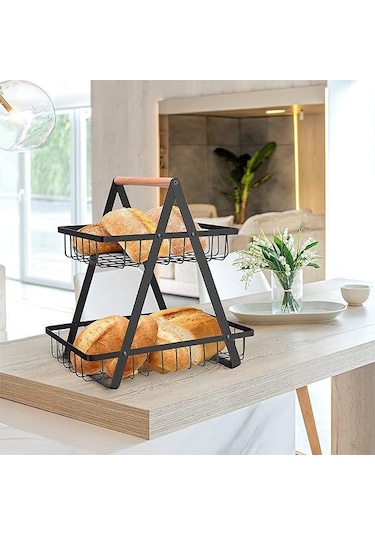 Geeroyoo Karbon Çelik Mutfak Ve Salon Depolama Sepeti, Ahşap Kollü İki Katlı, Meyve, Ekmek Ve Atıştırmalık Taşıma İçin Dayanıklı Tasarım Fruit Basket Çift Siyah