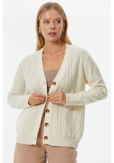 Düğmeli Saç Örgülü Triko Hırka  - Kemik