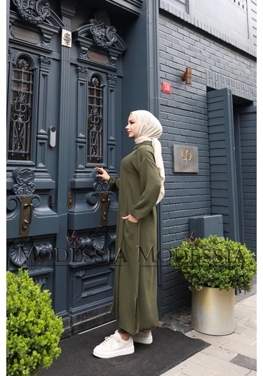 Kadın Haki Aerobin Uzun Önü Yarım Fermuarlı İkili Takım T1216 Haki