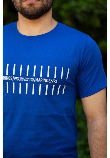 Erkek Mavi Çizgi Baskılı Normal Kesim Bisiklet Yaka Erkek Tişört 22etshmros 001