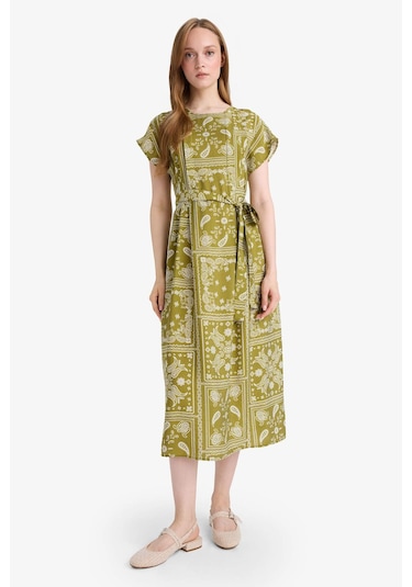 Defacto A Kesim Yuvarlak Yaka Desenli Kısa Kollu Midi Elbise F4770ax25aukh255 Haki