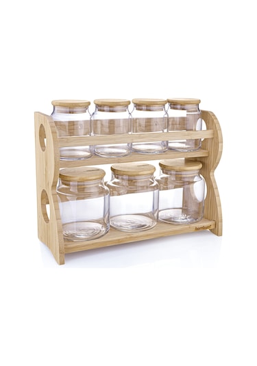 Bambum Bench Standlı 8 Parça Cam Baharat Takımı Bambu