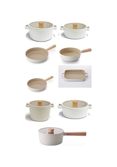 Neoflam Fika Alüminyum Döküm 14 Parça Bej Cam Kapaklı Tencere Tava Seti