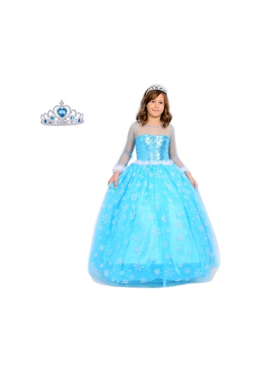 Prenses Elsa Kostümü Uzun Kollu Elsa Kostümü 1-12yaş Taç Hediy... Mavi