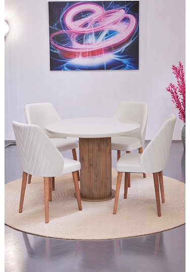 Bohem Ihlamur Yuvarlak Lak Panel Mutfak Masa Takımı 100cm Krem