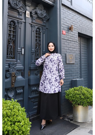 Kadın Mor Çiçek Desenli Pamuk Dokuma Kumaş Tunik Gömlek Etekli Takım Tk1412 Mor