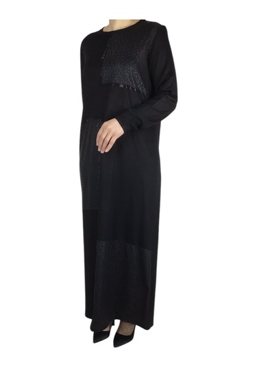 Kadın Önü Deri Detaylı Uzun Elbise Siyah