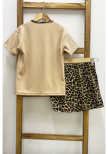 Kız Çocuk Şort Etek Takım Leopar Baskılı Fırfırlı B1 Taba