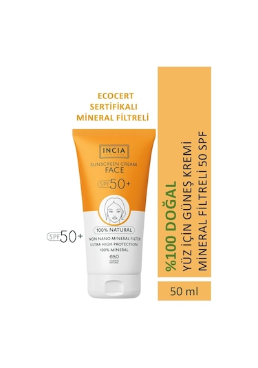 INCIA %100 Doğal Yüz Güneş Kremi Leke Karşıtı Mineral Filtreli Yüksek Koruma SPF 50+ UVA UVB 50 ML