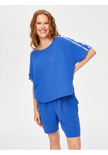 Resort Palmiye Baskı Detaylı Kısa Kol Müslin Bluz S25blz061 Us25blz06125 Sax